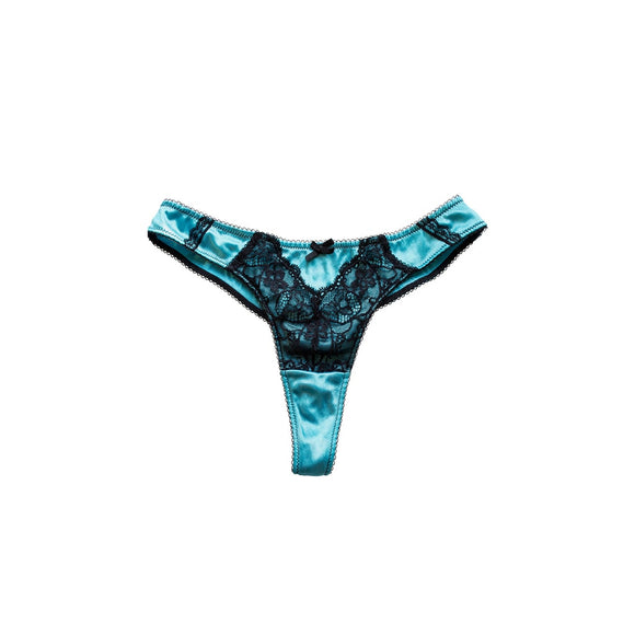 Blue Satin Lace Thong
