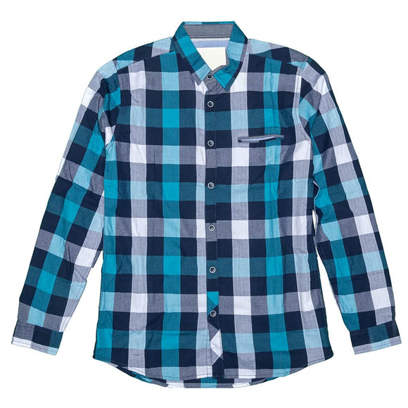 Botón azul a cuadros